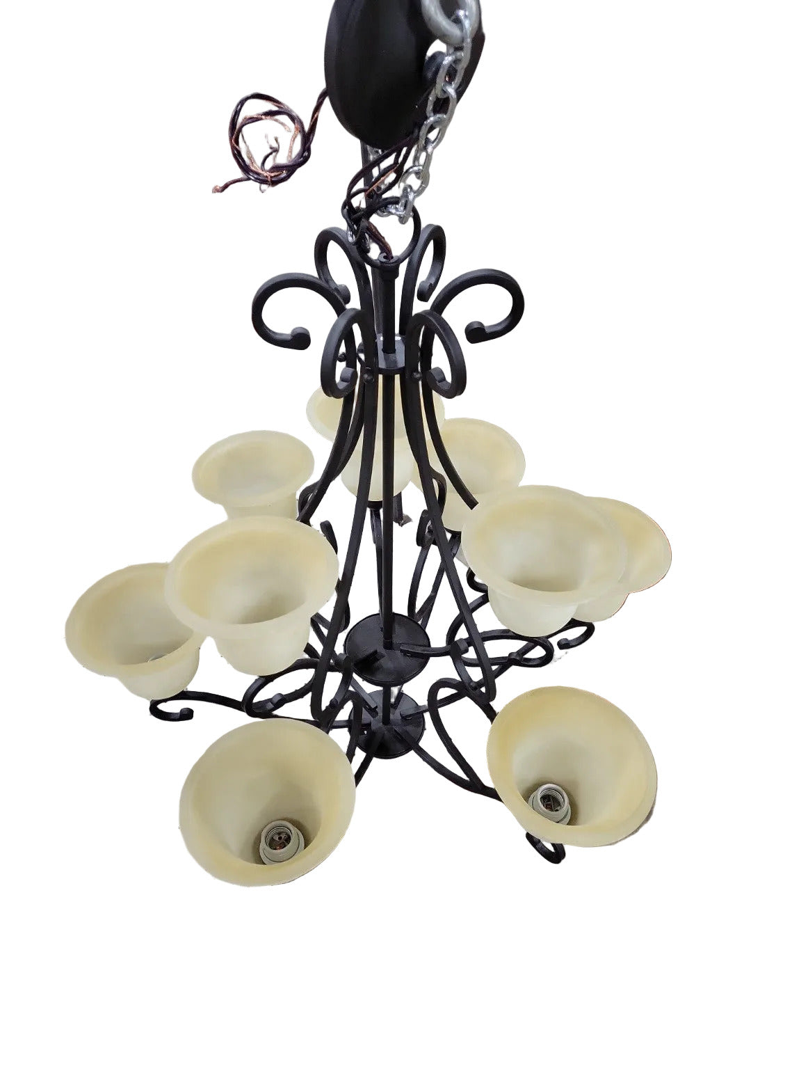 Wrought Iron 9-Light Scroll Arm Chandelier with Frosted Glass Tulip Shades – For Parts or Repair