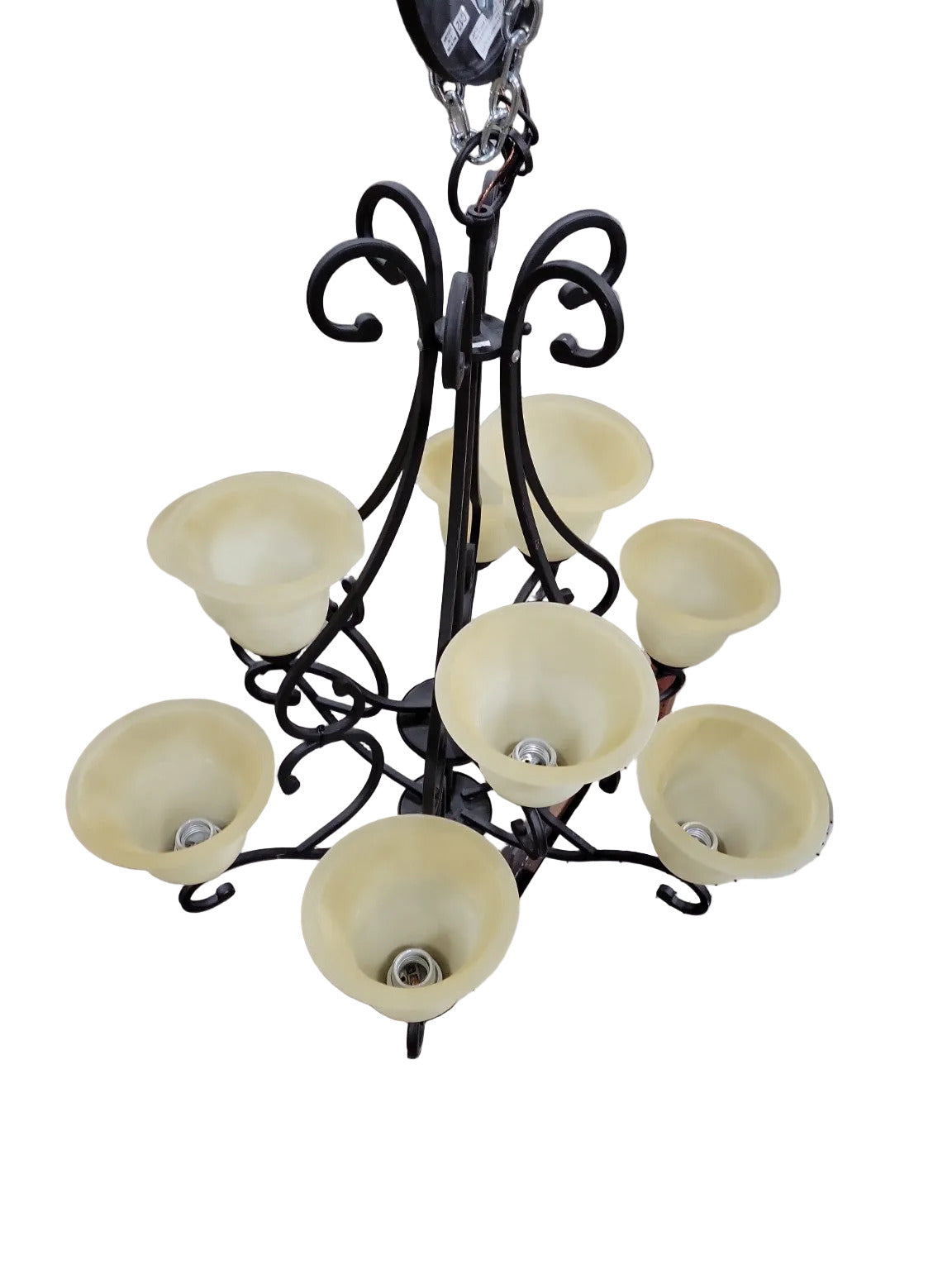 Wrought Iron 9-Light Scroll Arm Chandelier with Frosted Glass Tulip Shades – For Parts or Repair