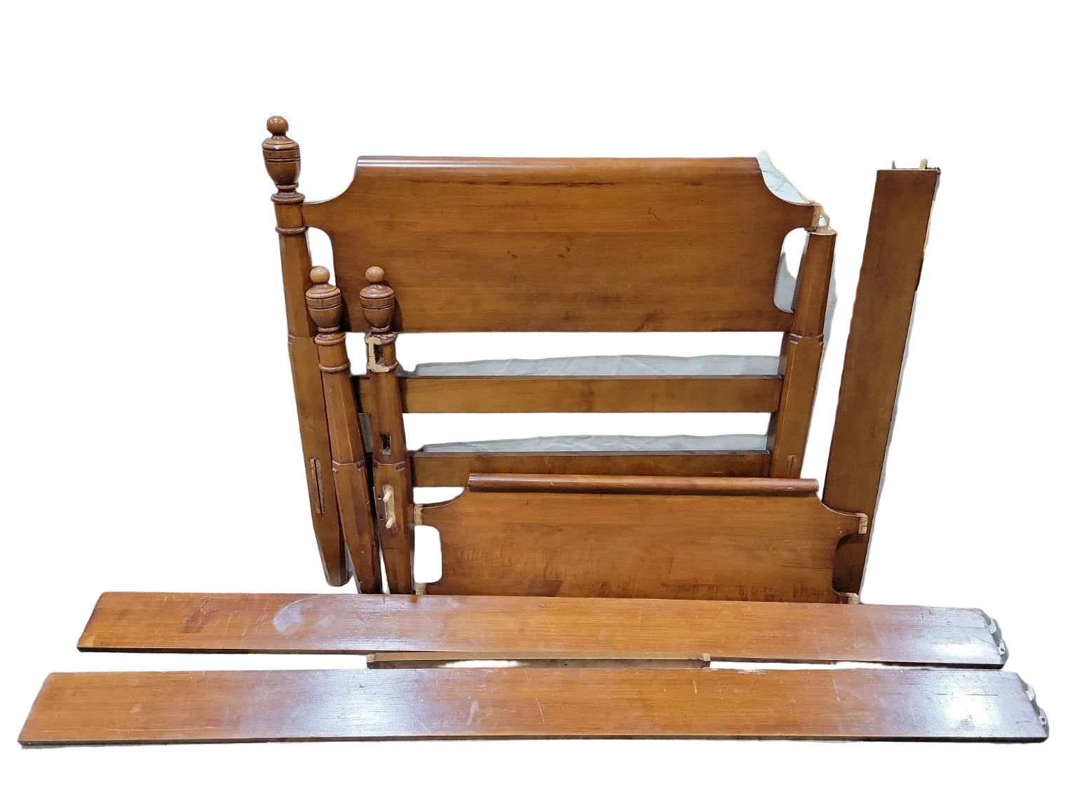 Vintage Twin Bed Frame – Turned Posts with Casters (Needs Repair)