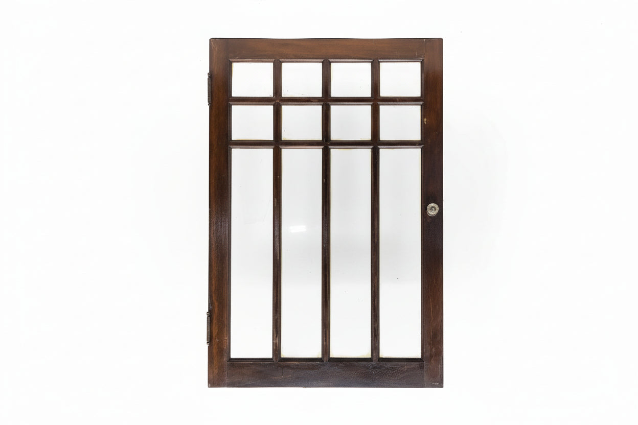 Antique 12-Lite Cabinet Door – Dark Wood Finish with Glass Knob