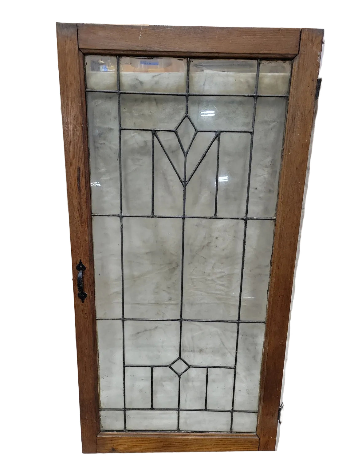 Antique Leaded Glass Cabinet Door – Oak Frame with Geometric Design