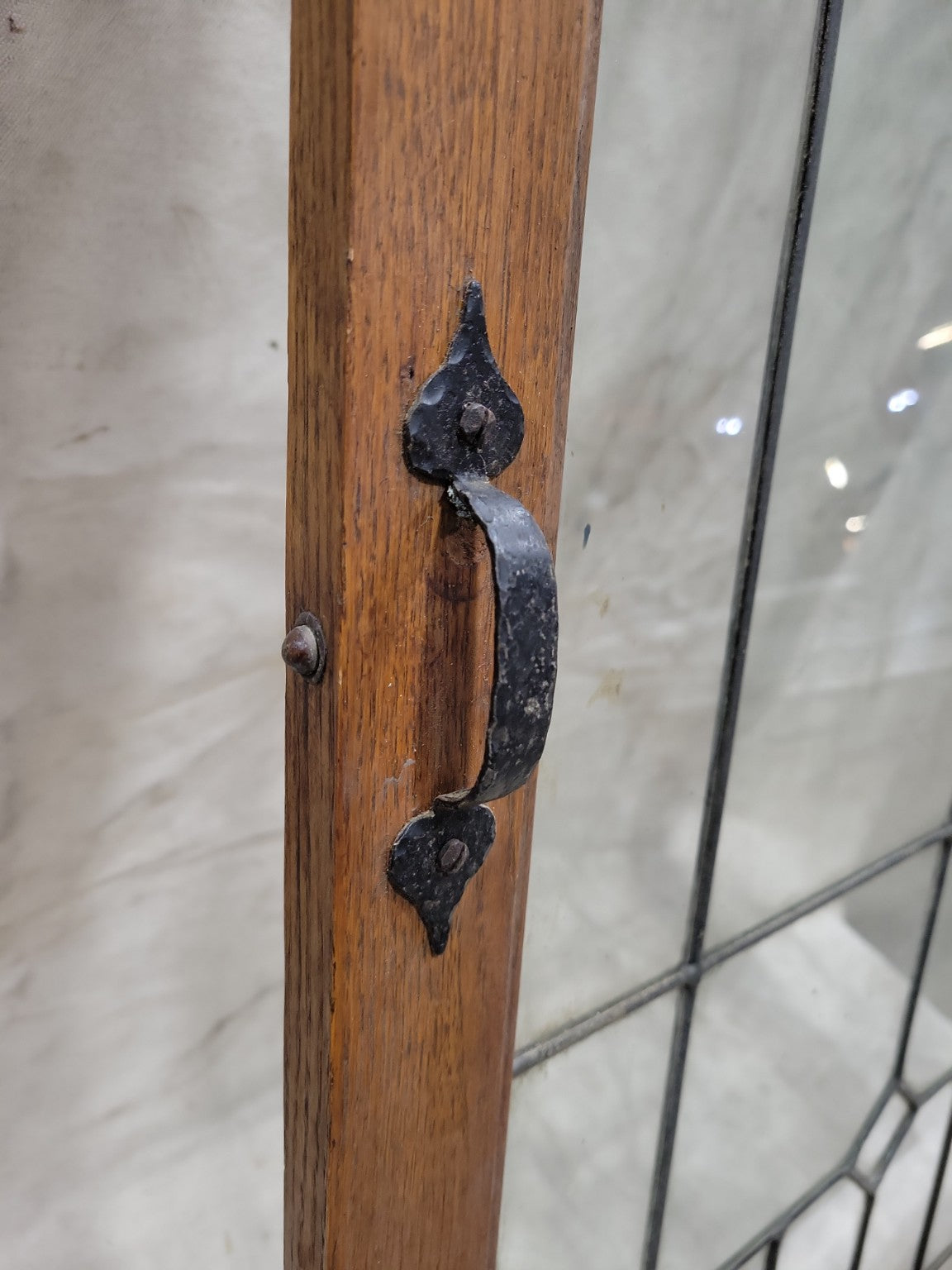 Antique Leaded Glass Cabinet Door – Oak Frame with Geometric Design