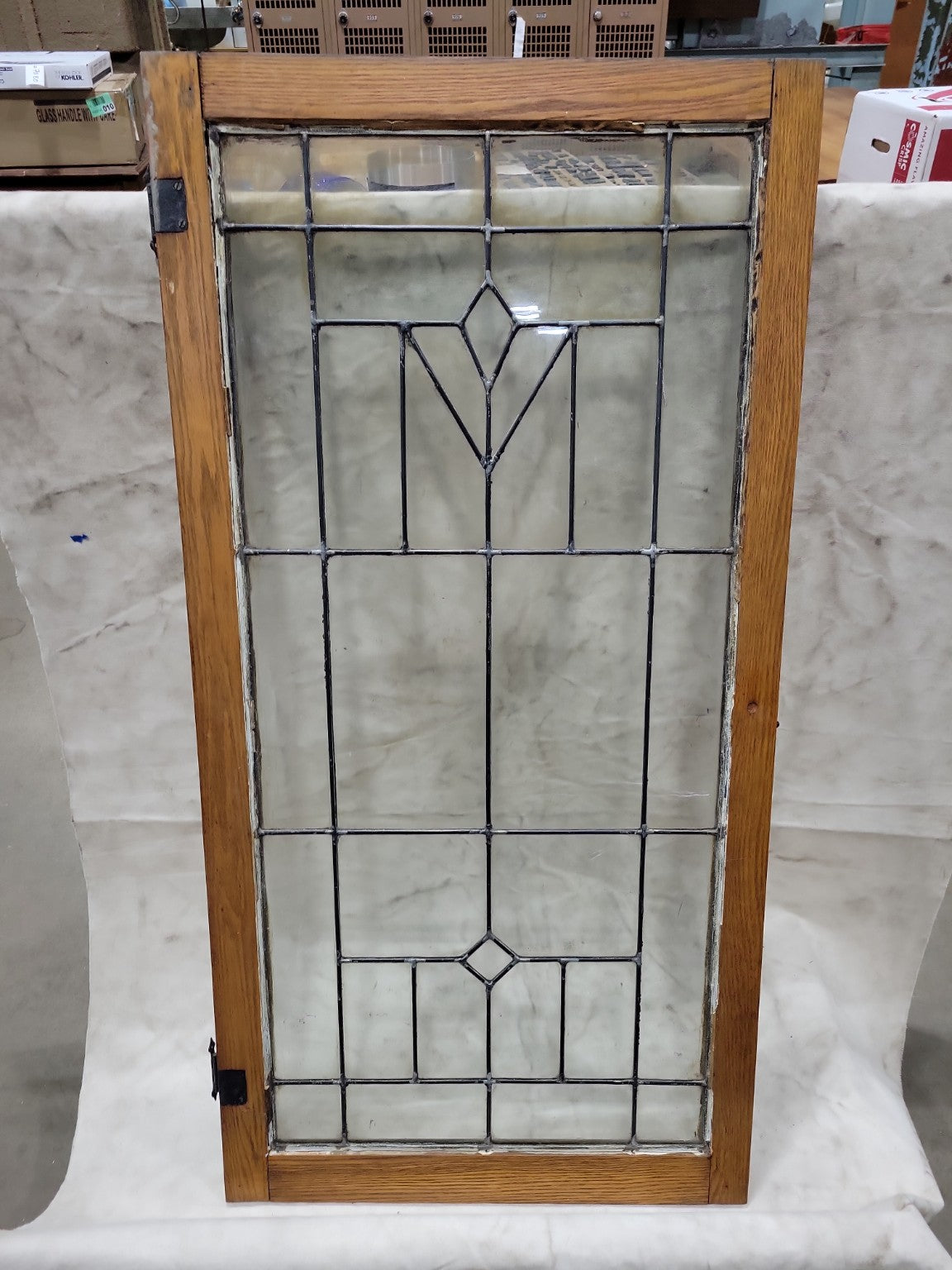 Antique Leaded Glass Cabinet Door – Oak Frame with Geometric Design
