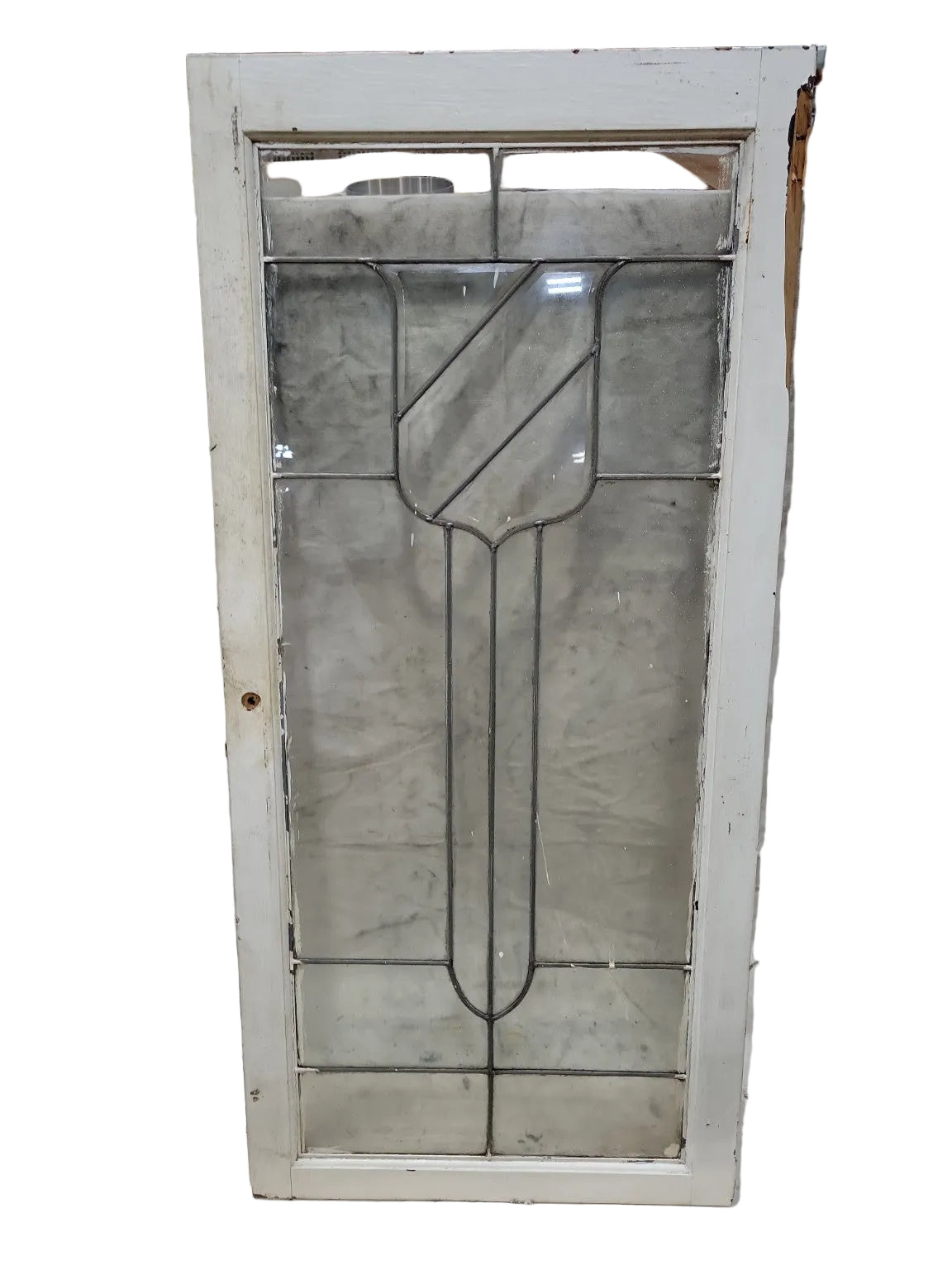 Antique Leaded Glass Window with Stylized Tulip Motif