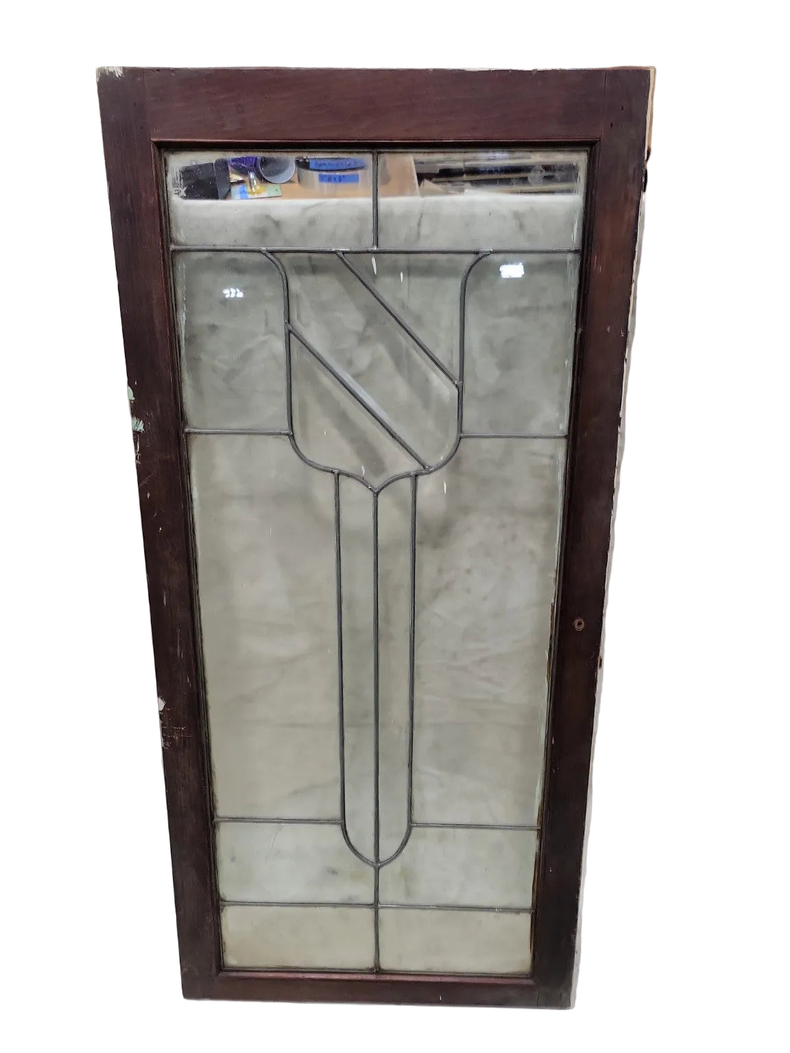 Antique Leaded Glass Window with Stylized Tulip Motif