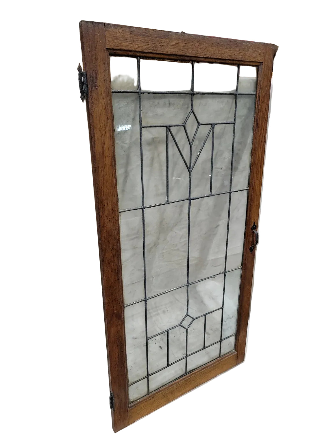Vintage Leaded Glass Window with Diamond & Chevron Motif – Oak Frame
