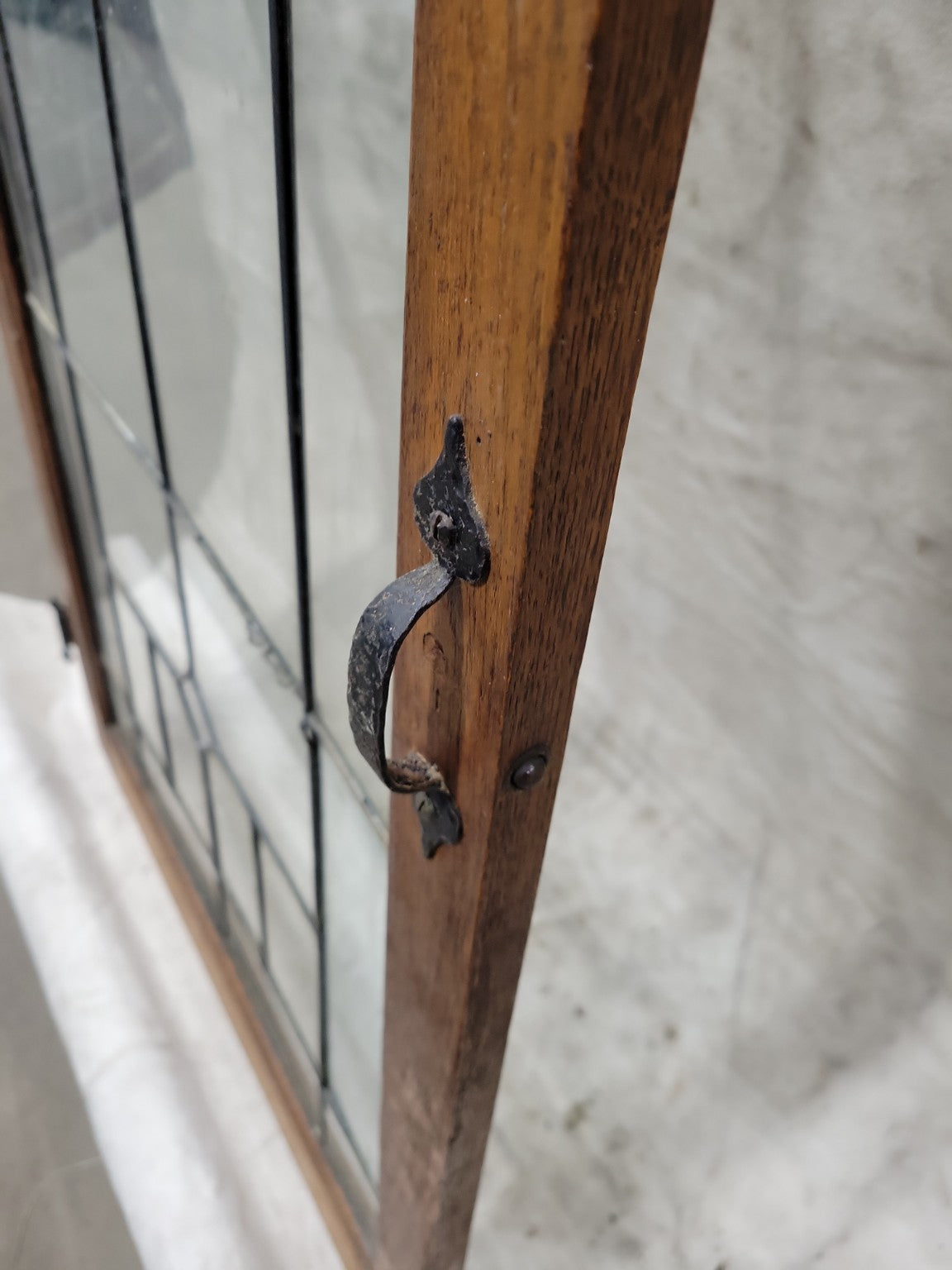 Vintage Leaded Glass Window with Diamond & Chevron Motif – Oak Frame