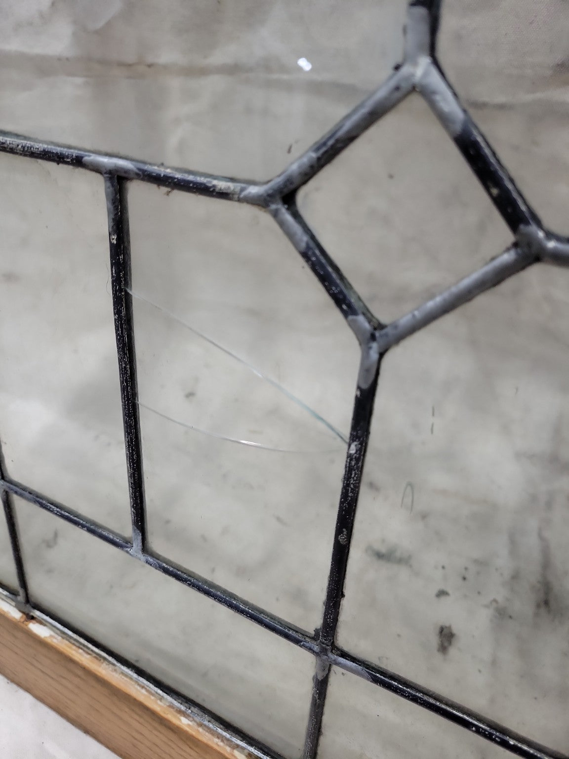 Vintage Leaded Glass Window with Diamond & Chevron Motif – Oak Frame