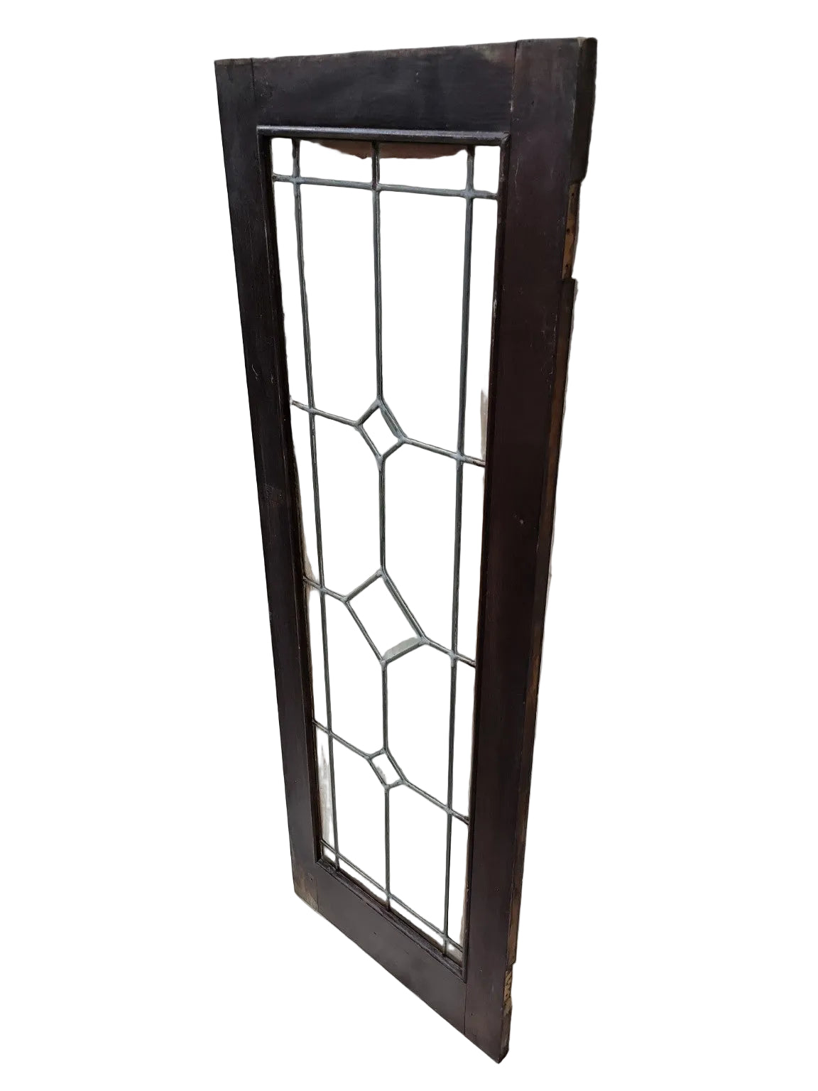 Antique Leaded Glass Cabinet Door Panel – 5-Lite Diamond Grid with Dark Frame
