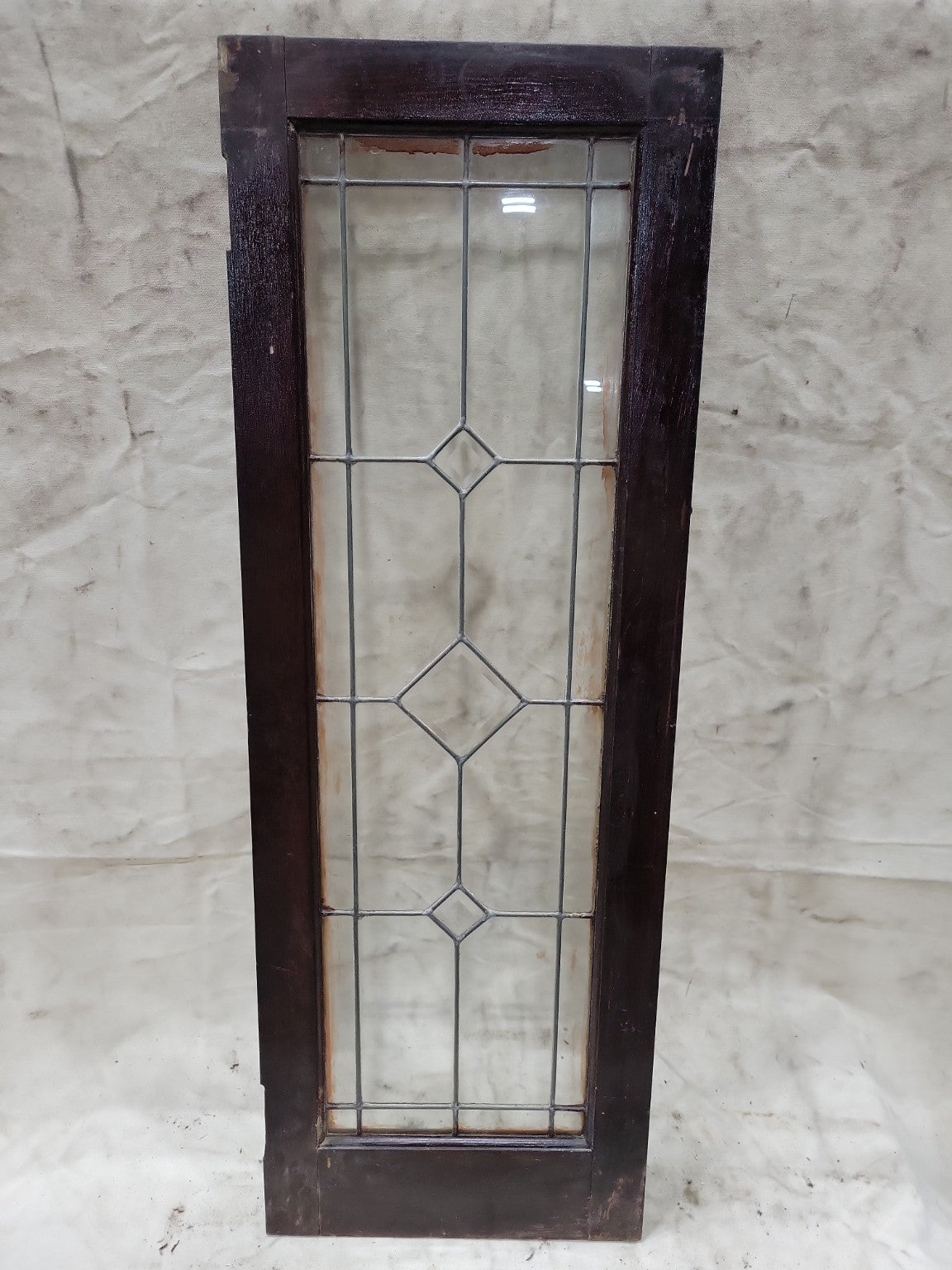 Antique Leaded Glass Cabinet Door Panel – 5-Lite Diamond Grid with Dark Frame