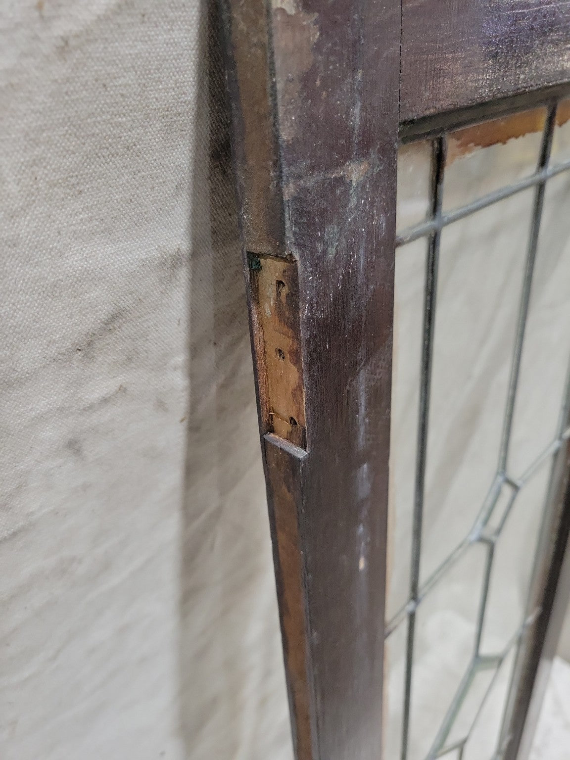 Antique Leaded Glass Cabinet Door Panel – 5-Lite Diamond Grid with Dark Frame