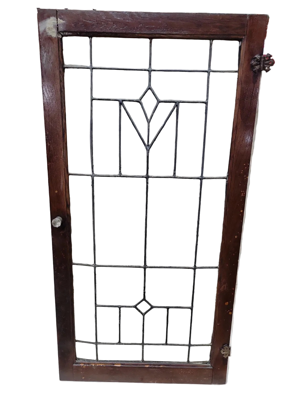 Large Antique Leaded Glass Cabinet Door – Diamond & Arrow Motif with Glass Knob