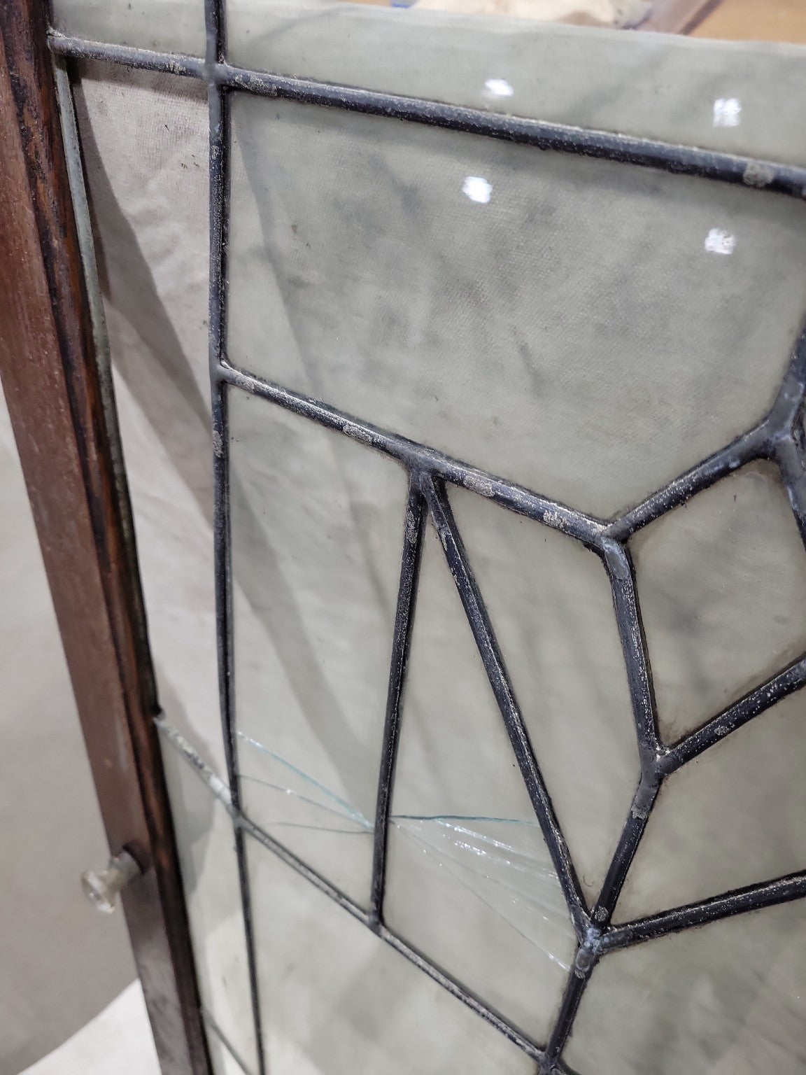 Large Antique Leaded Glass Cabinet Door – Diamond & Arrow Motif with Glass Knob