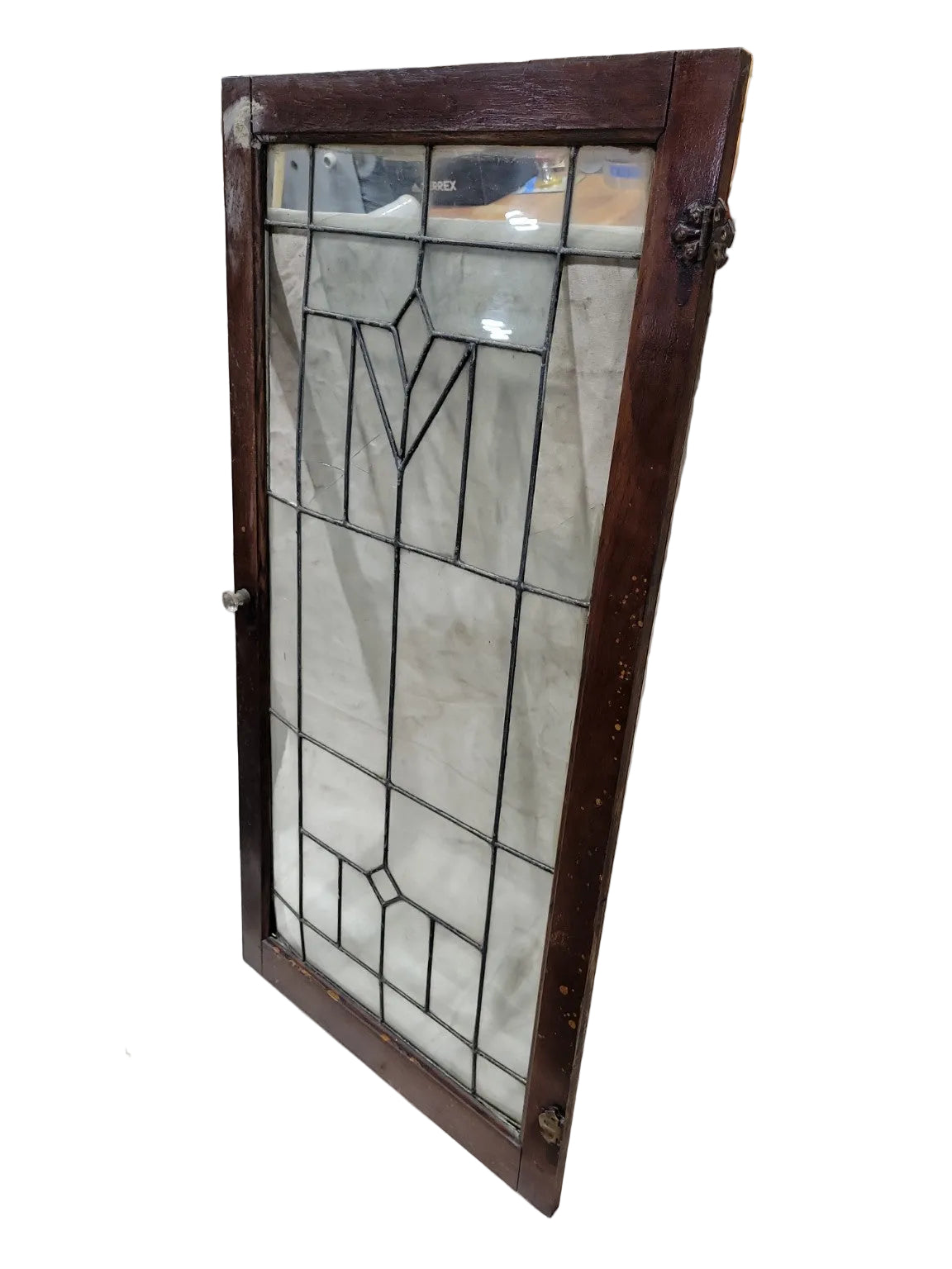 Large Antique Leaded Glass Cabinet Door – Diamond & Arrow Motif with Glass Knob