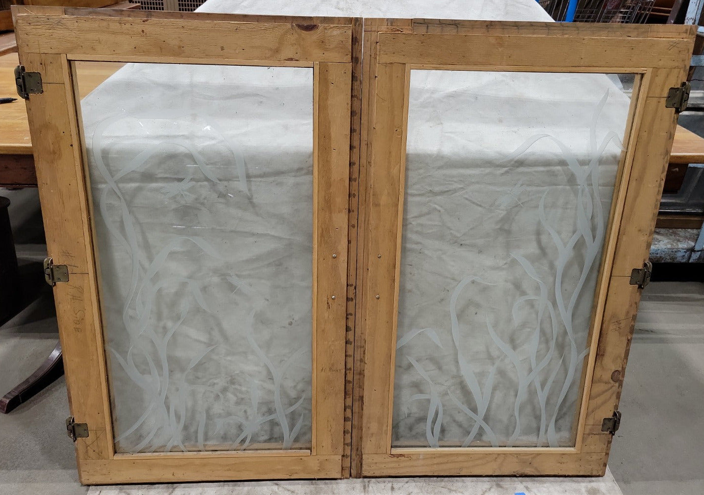 Set of 2 Rustic Cabinet Doors with Etched Glass & Dragonfly Motif – 24 ⅛" x 39 ⅞" Each