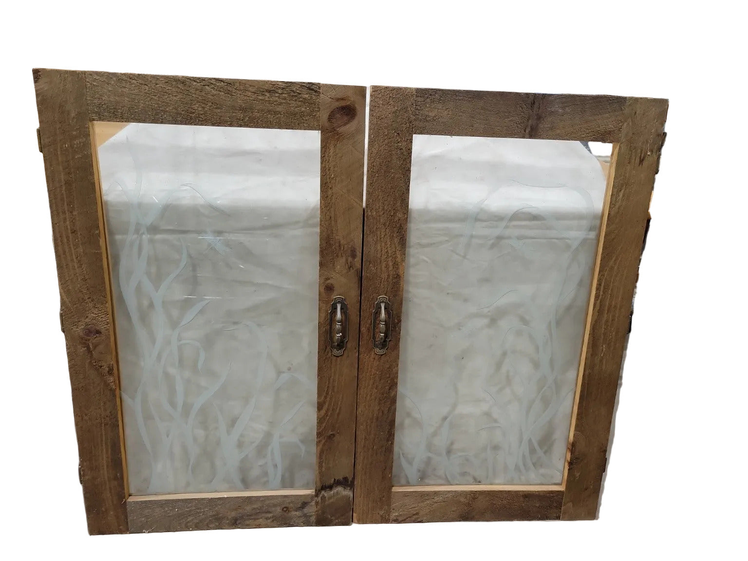 Set of 2 Rustic Cabinet Doors with Etched Glass & Dragonfly Motif – 24 ⅛" x 39 ⅞" Each