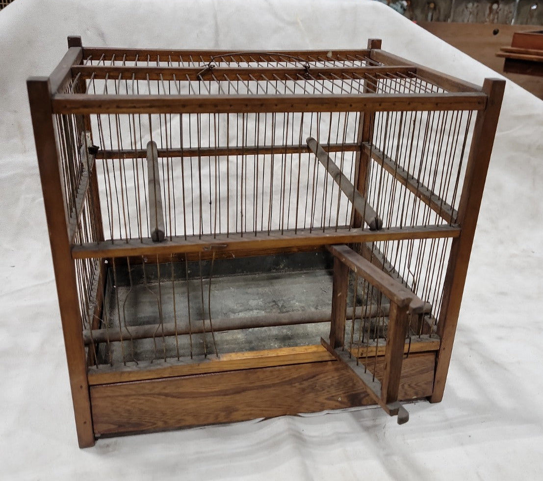 Handmade Vintage Wooden Bird Cage with Wire Bars