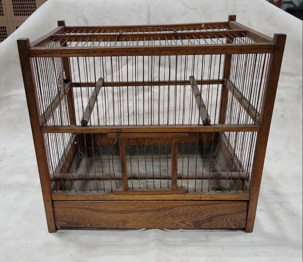 Handmade Vintage Wooden Bird Cage with Wire Bars