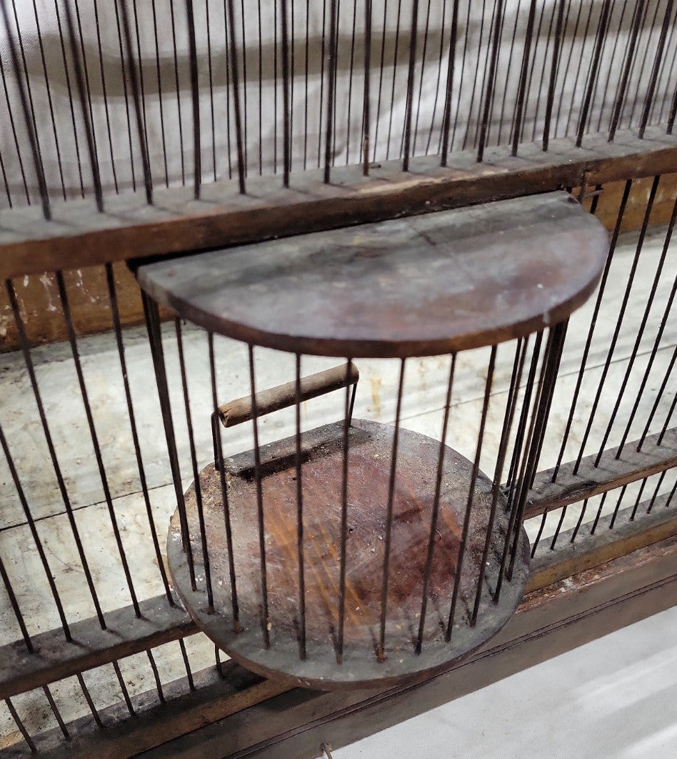 Extra-Long Handmade Wooden Bird Cage with Dual Feeding Chambers