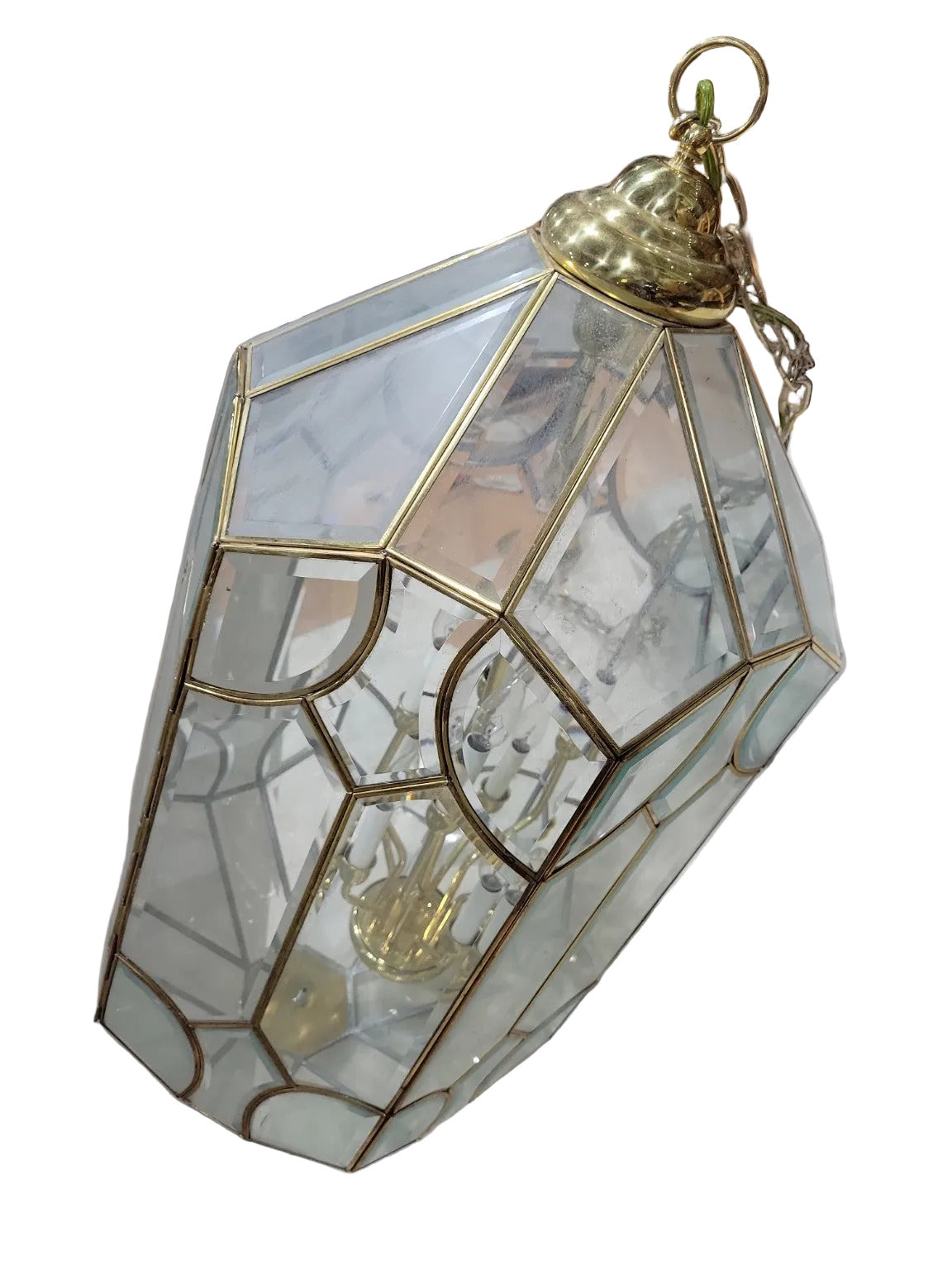 Vintage Brass and Glass Hexagonal Lantern Chandelier – 8-Light