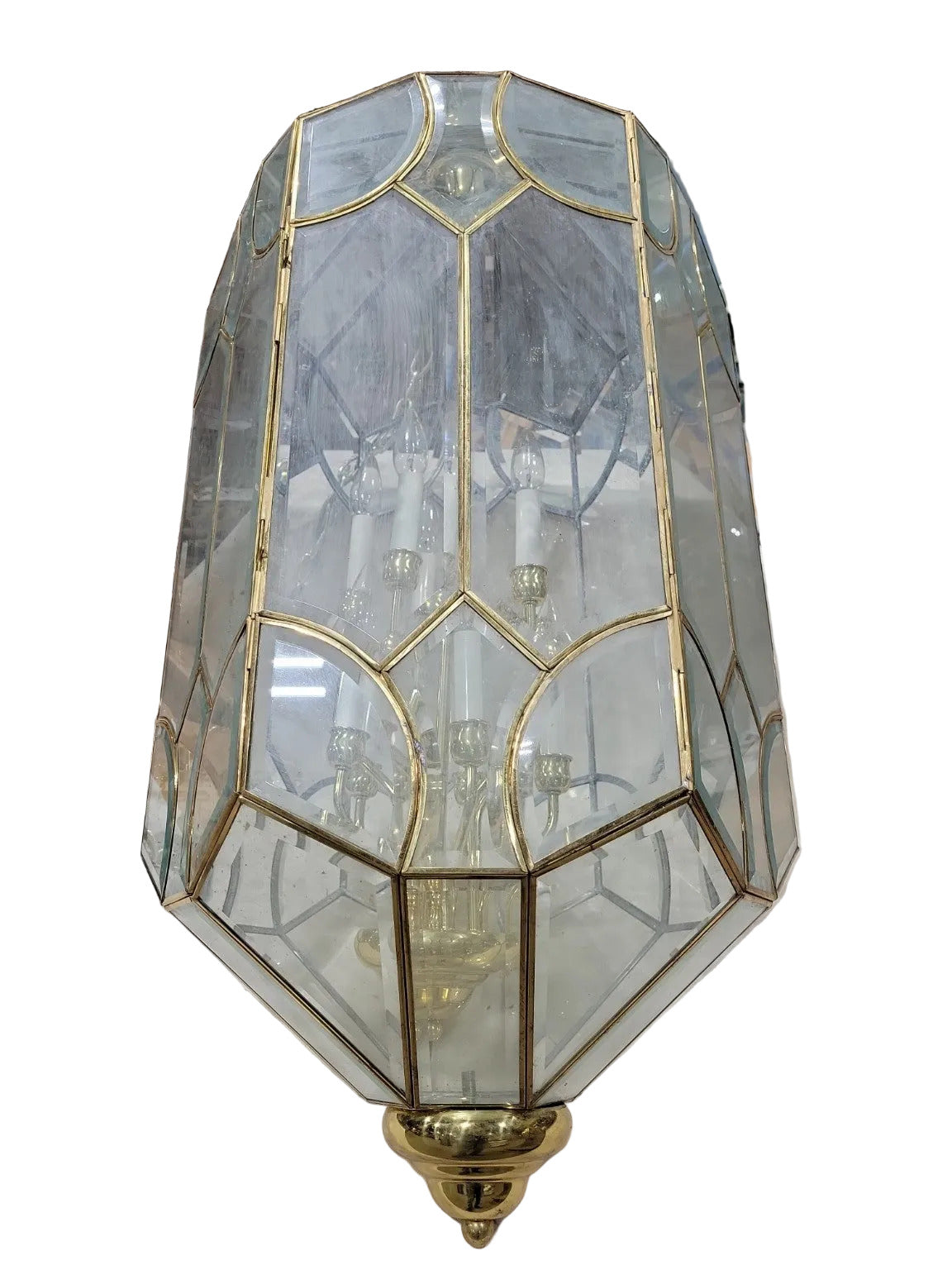 Vintage Brass and Glass Hexagonal Lantern Chandelier – 8-Light