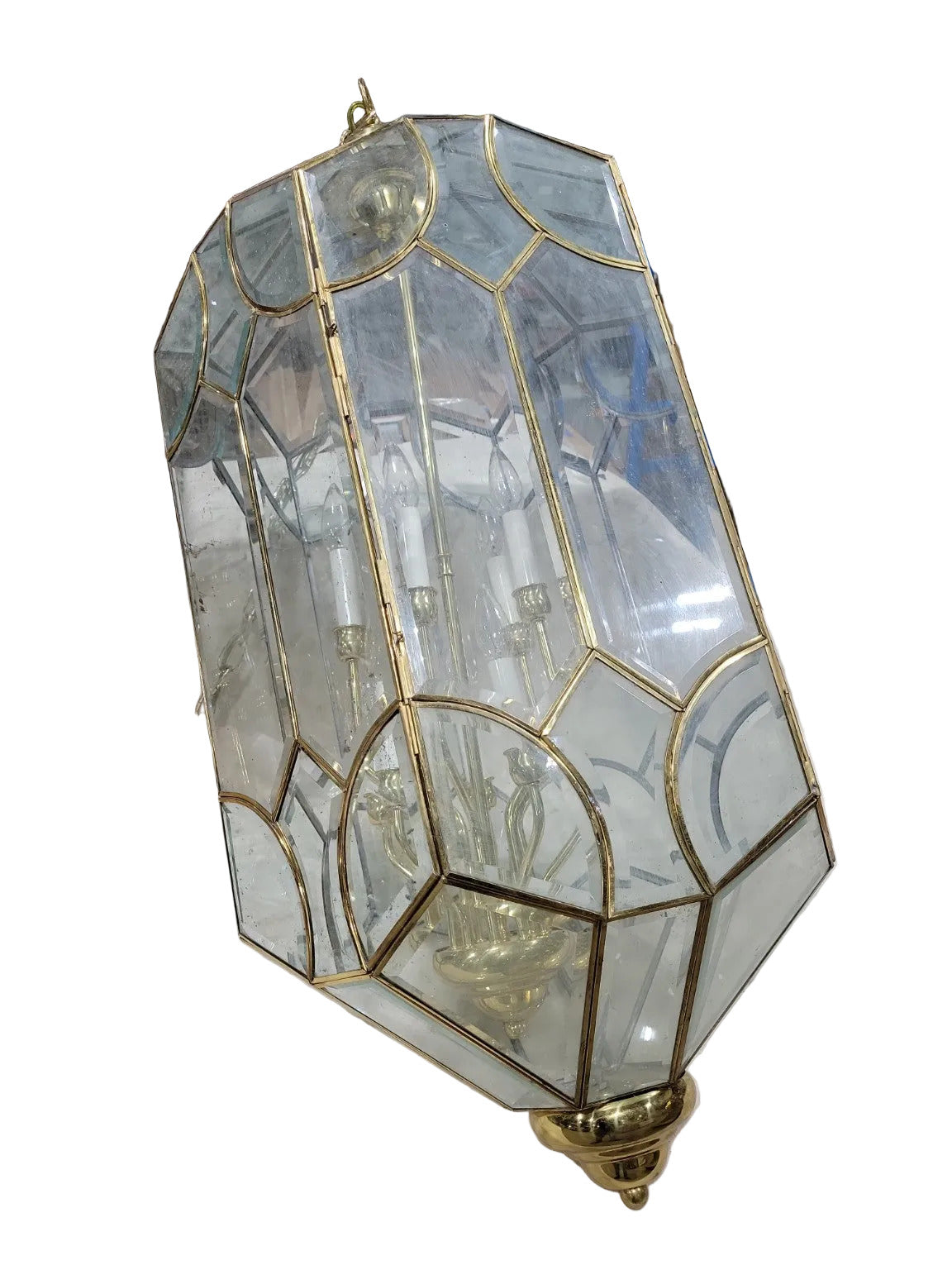 Vintage Brass and Glass Hexagonal Lantern Chandelier – 8-Light