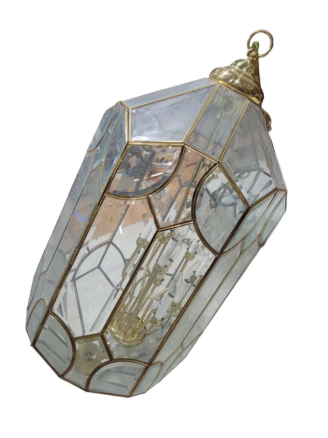 Vintage Brass and Glass Hexagonal Lantern Chandelier – 8-Light