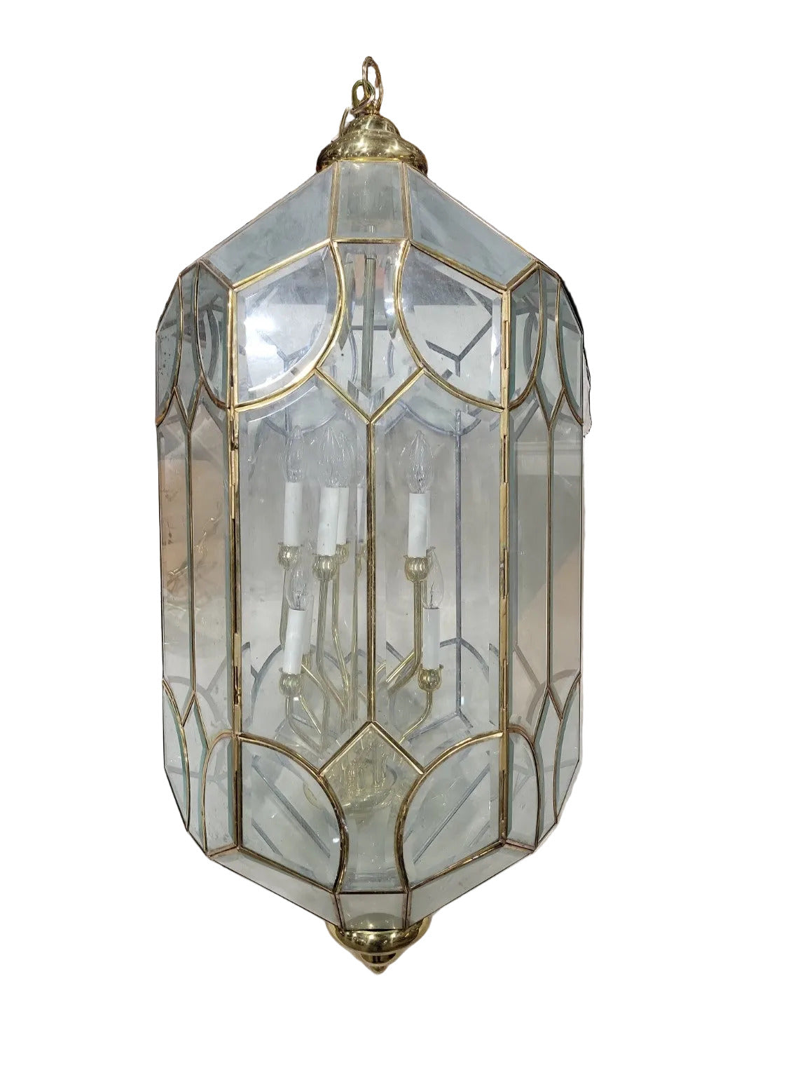Vintage Brass and Glass Hexagonal Lantern Chandelier – 8-Light