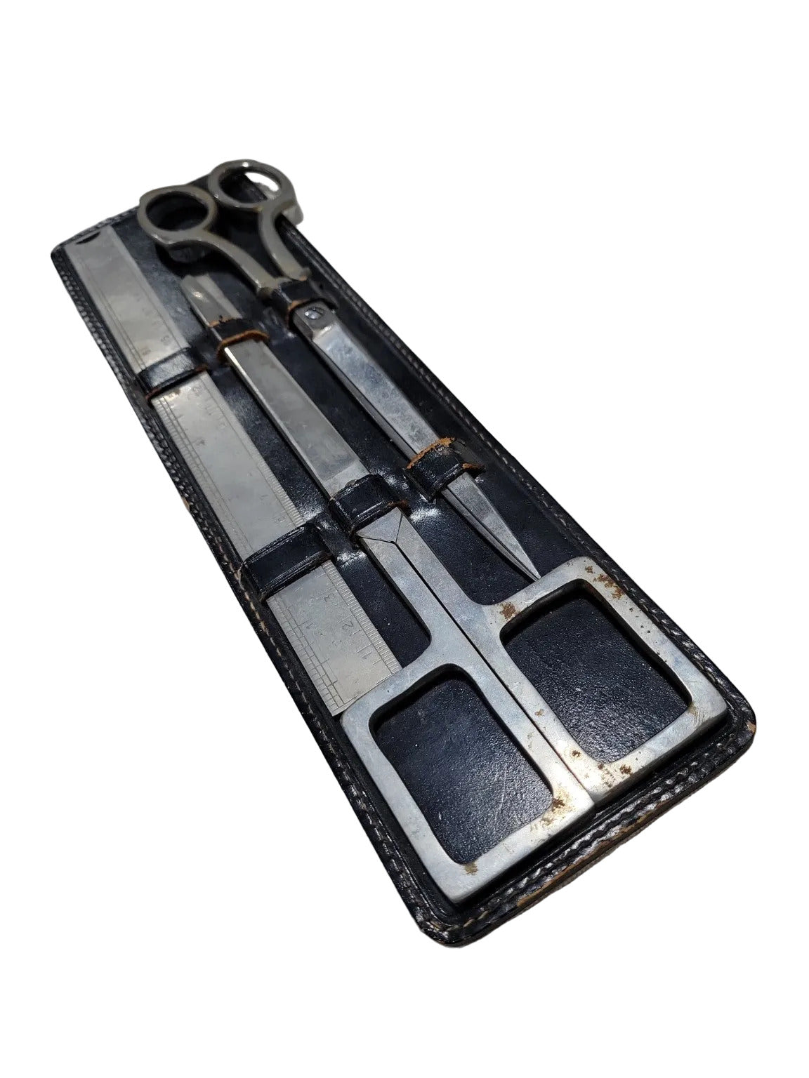 Mid-Century Precision Drafting Tool Set – 3-Piece Stainless in Leather Case