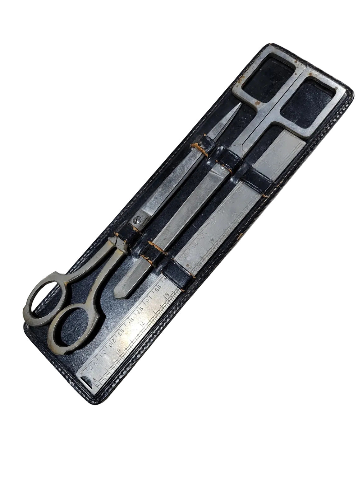 Mid-Century Precision Drafting Tool Set – 3-Piece Stainless in Leather Case