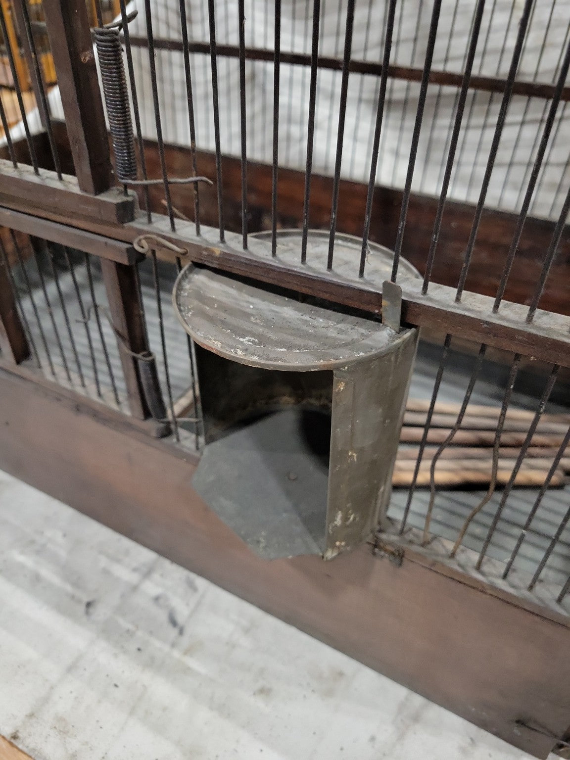 Antique Wood & Wire Bird Cage with Tin Feeders