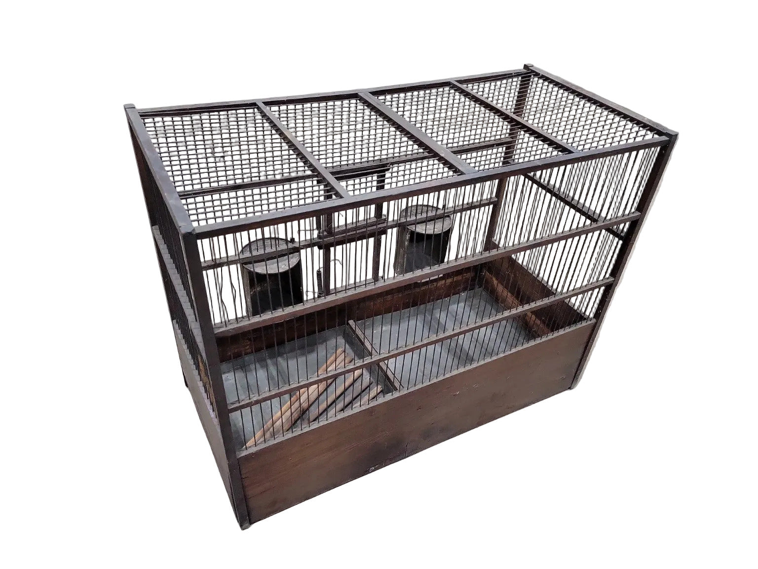 Antique Wood & Wire Bird Cage with Tin Feeders