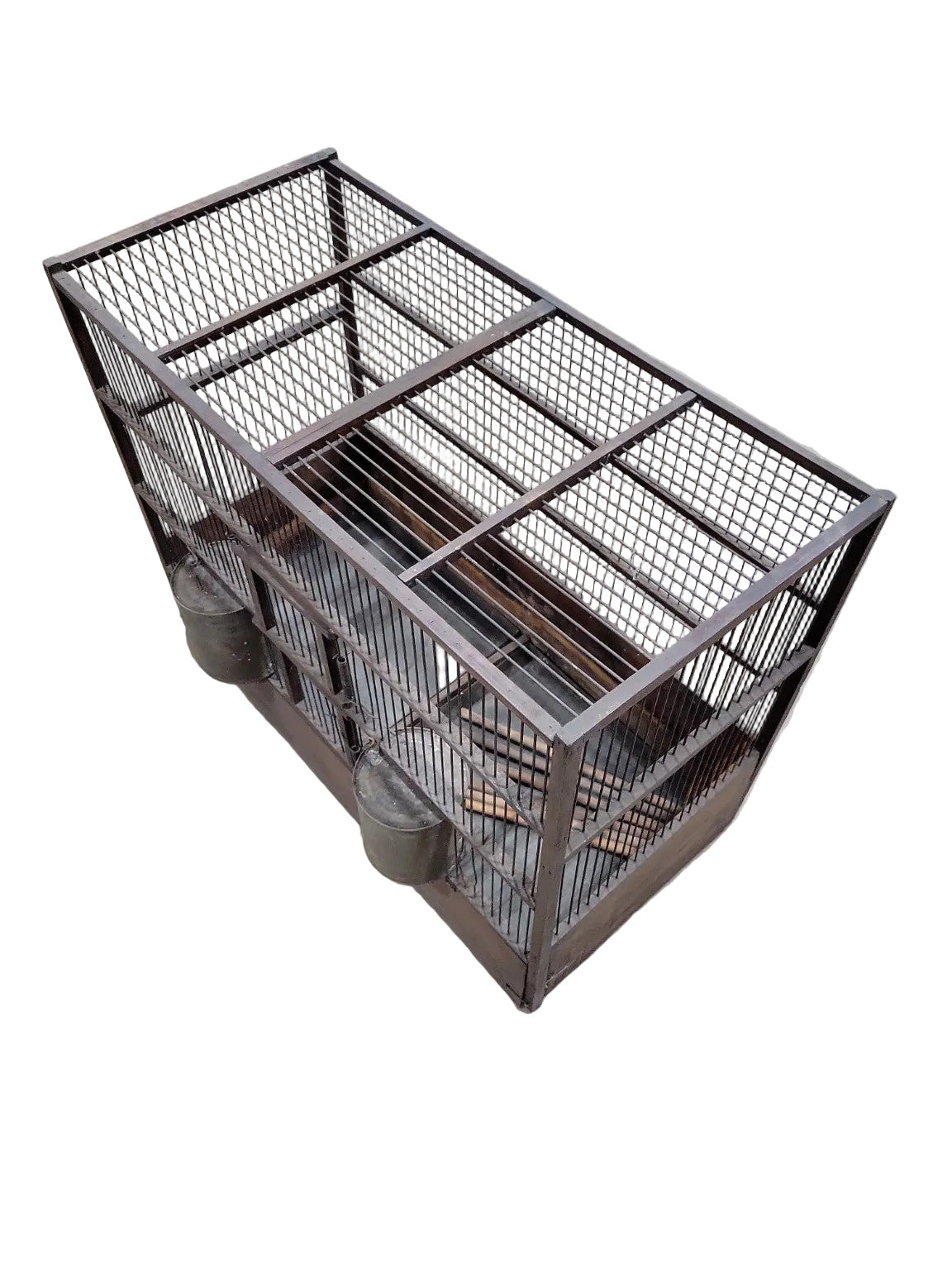 Antique Wood & Wire Bird Cage with Tin Feeders