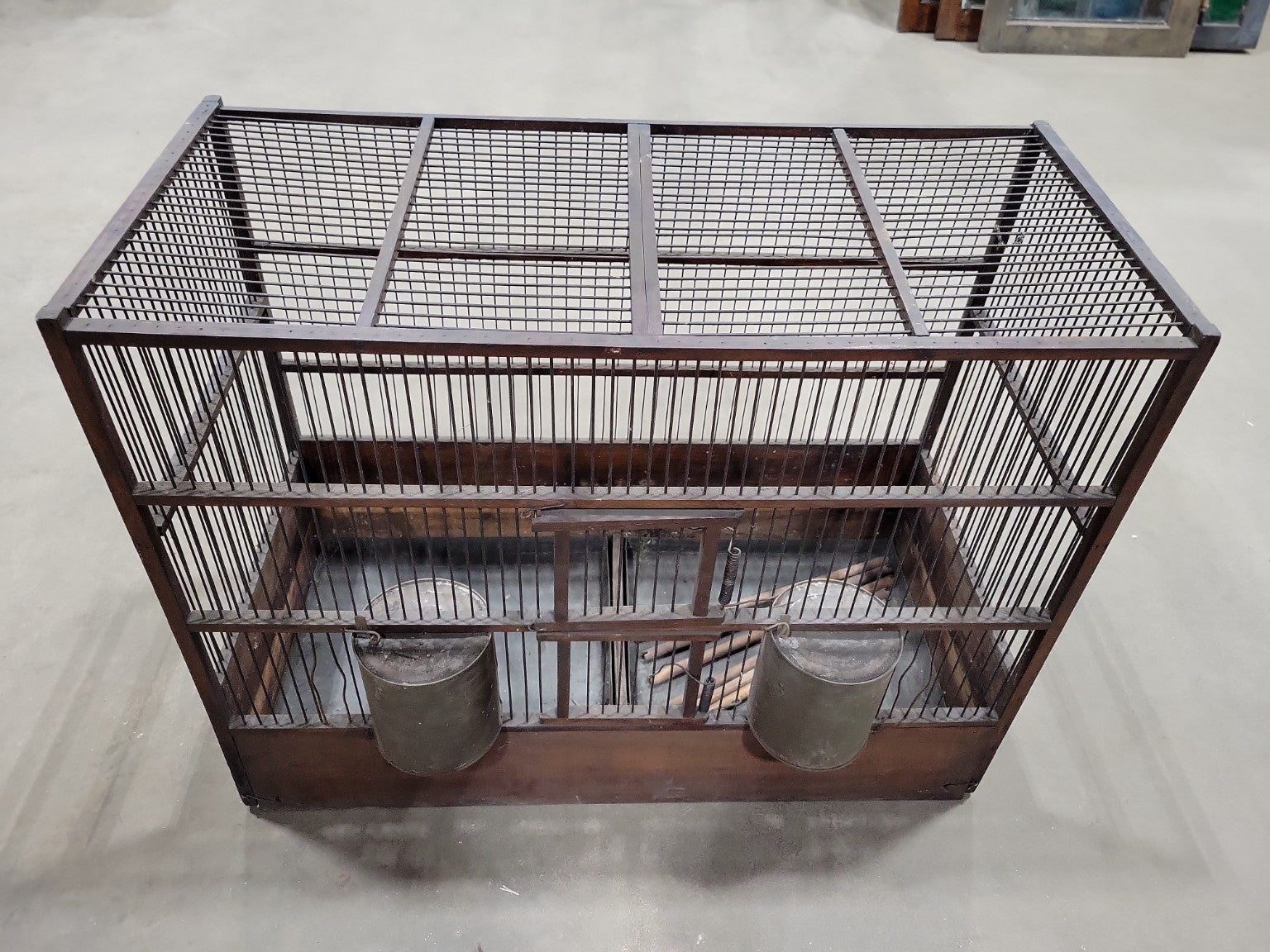 Antique Wood & Wire Bird Cage with Tin Feeders