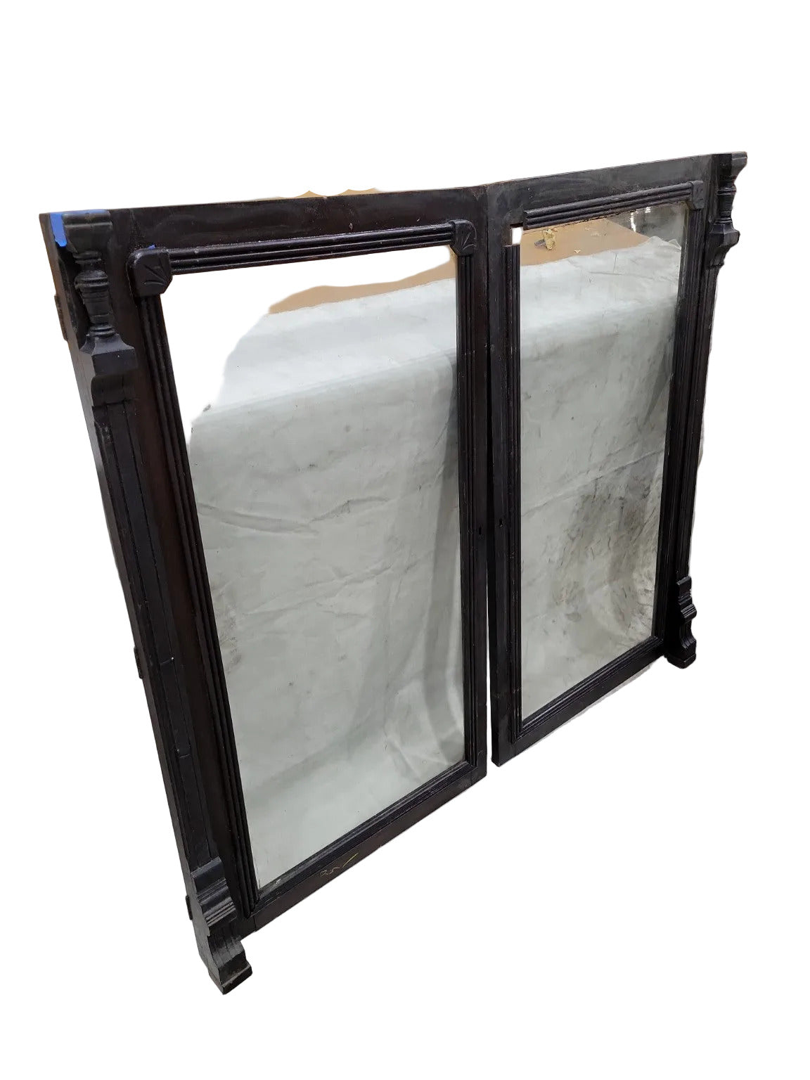 Victorian Glass Cabinet Doors with Turned Wood Corners – Set of 2