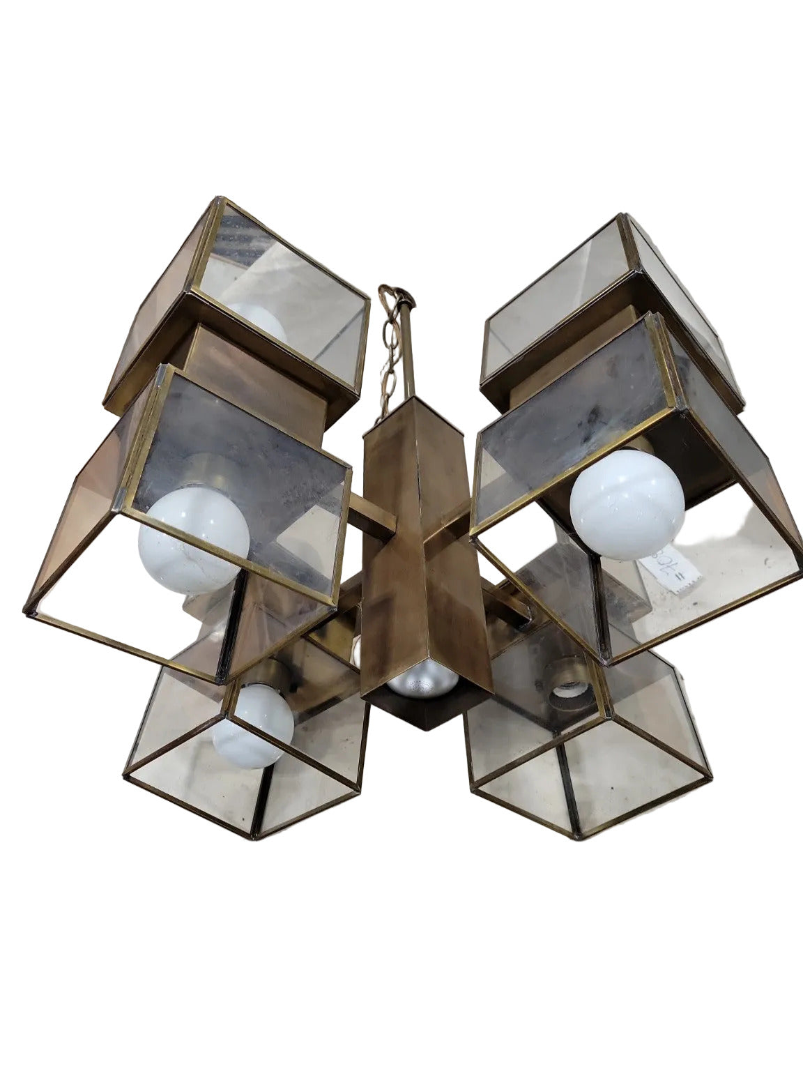 Mid-Century Modern 9-Light Brass & Glass Chandelier