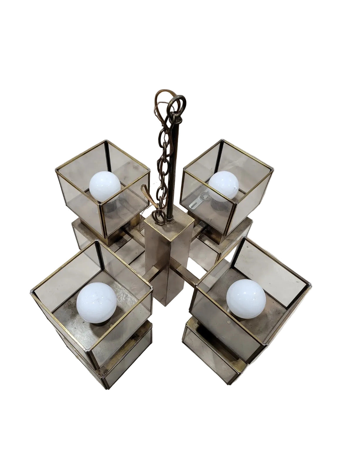 Mid-Century Modern 9-Light Brass & Glass Chandelier