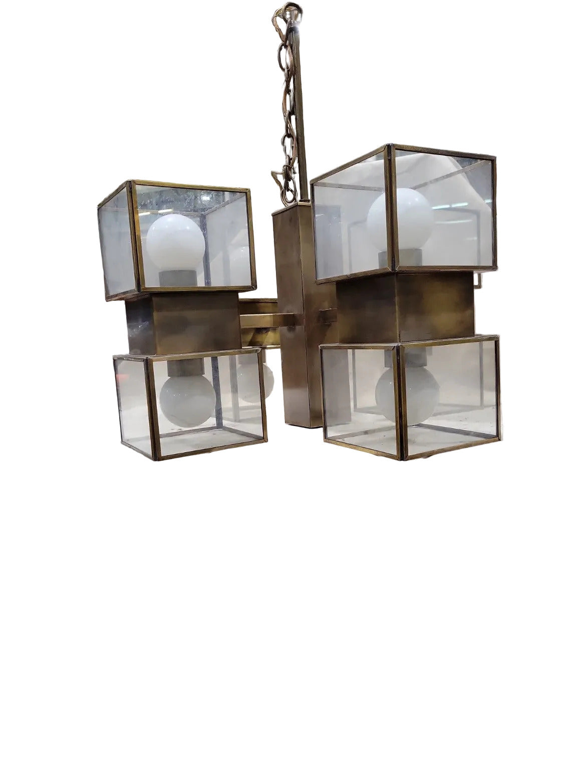 Mid-Century Modern 9-Light Brass & Glass Chandelier