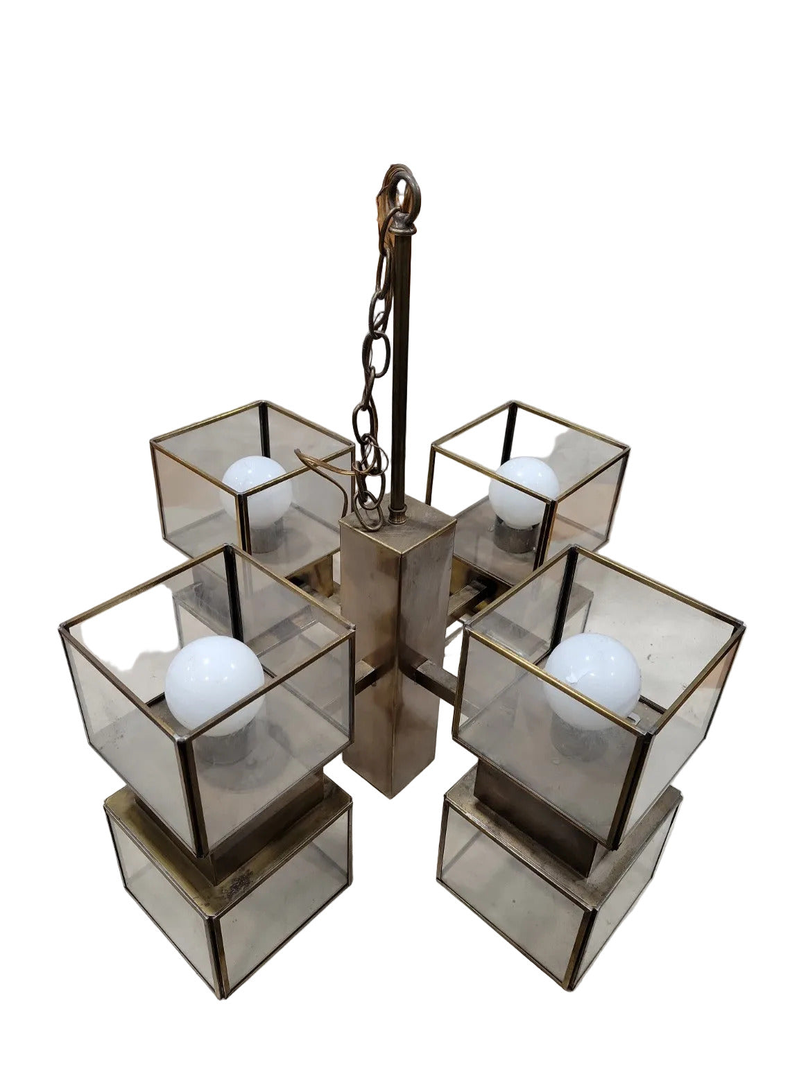 Mid-Century Modern 9-Light Brass & Glass Chandelier