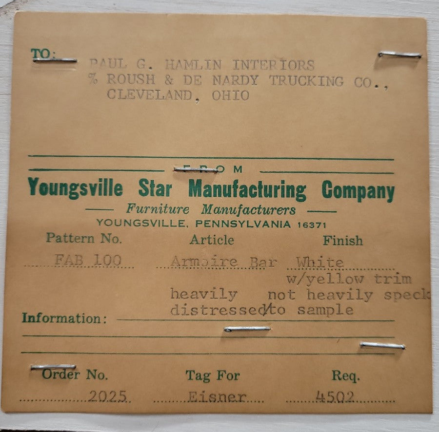 Vintage Armoire Bar Cabinet by Youngsville Star – Distressed White with Yellow Trim