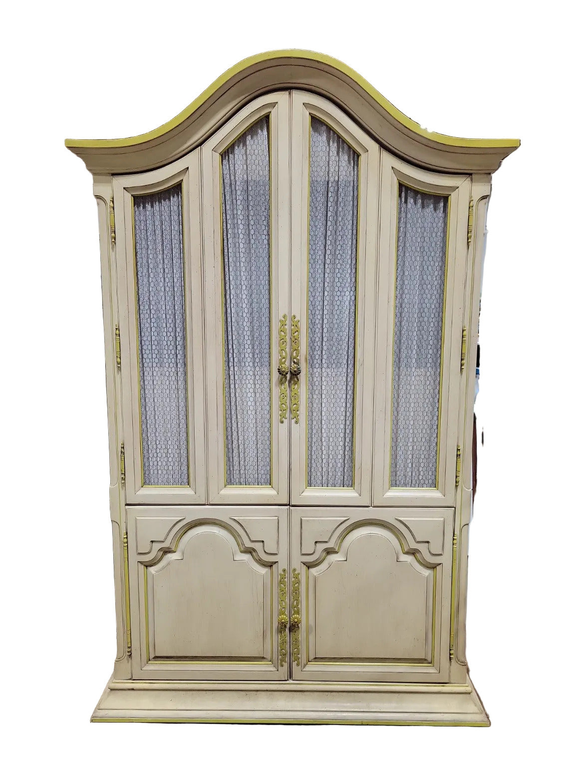Vintage Armoire Bar Cabinet by Youngsville Star – Distressed White with Yellow Trim