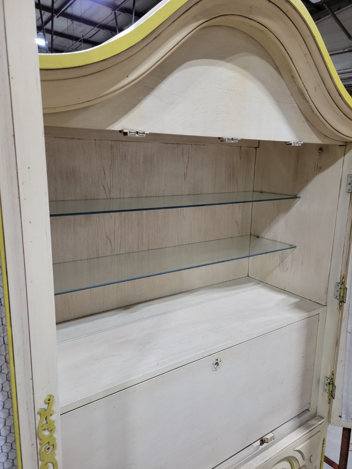 Vintage Armoire Bar Cabinet by Youngsville Star – Distressed White with Yellow Trim