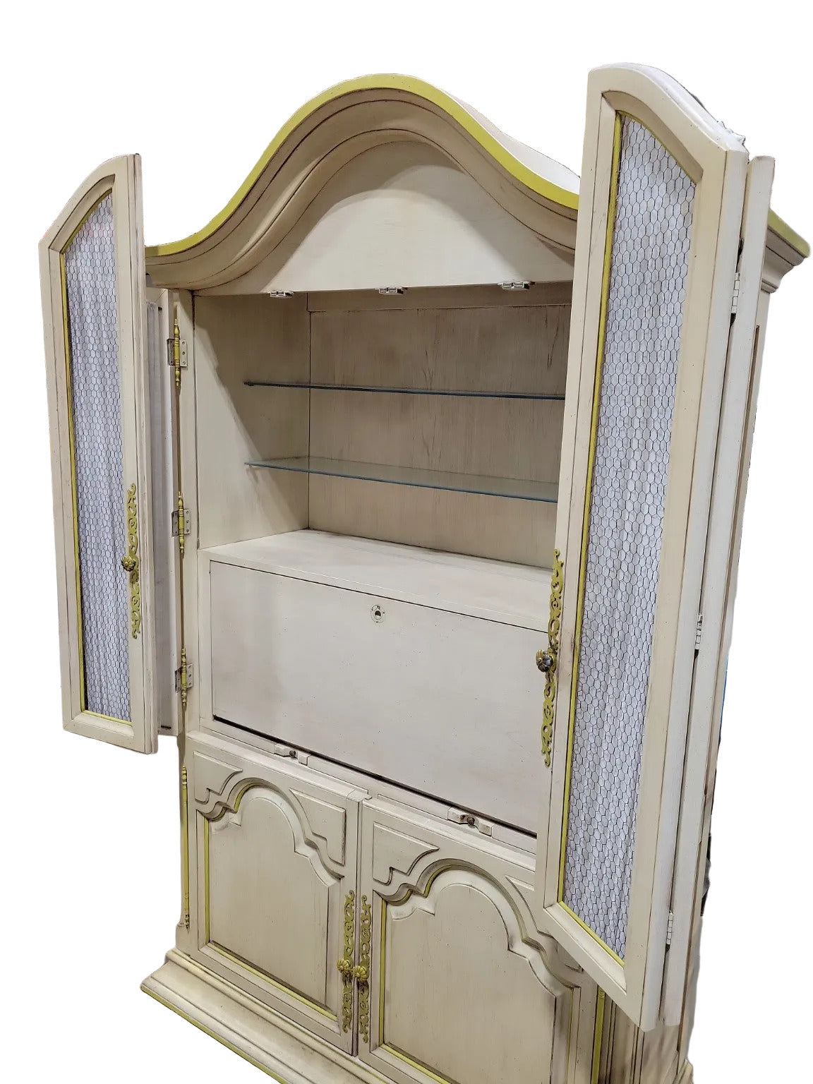 Vintage Armoire Bar Cabinet by Youngsville Star – Distressed White with Yellow Trim