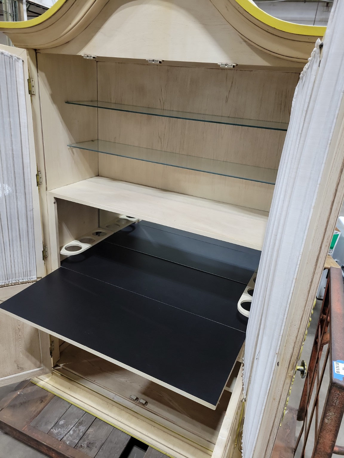 Vintage Armoire Bar Cabinet by Youngsville Star – Distressed White with Yellow Trim