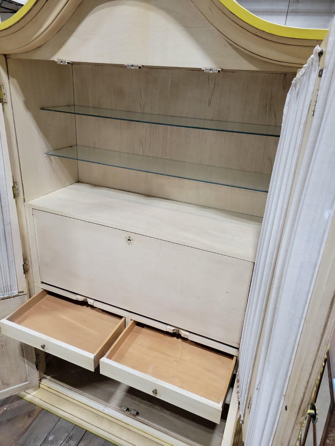 Vintage Armoire Bar Cabinet by Youngsville Star – Distressed White with Yellow Trim