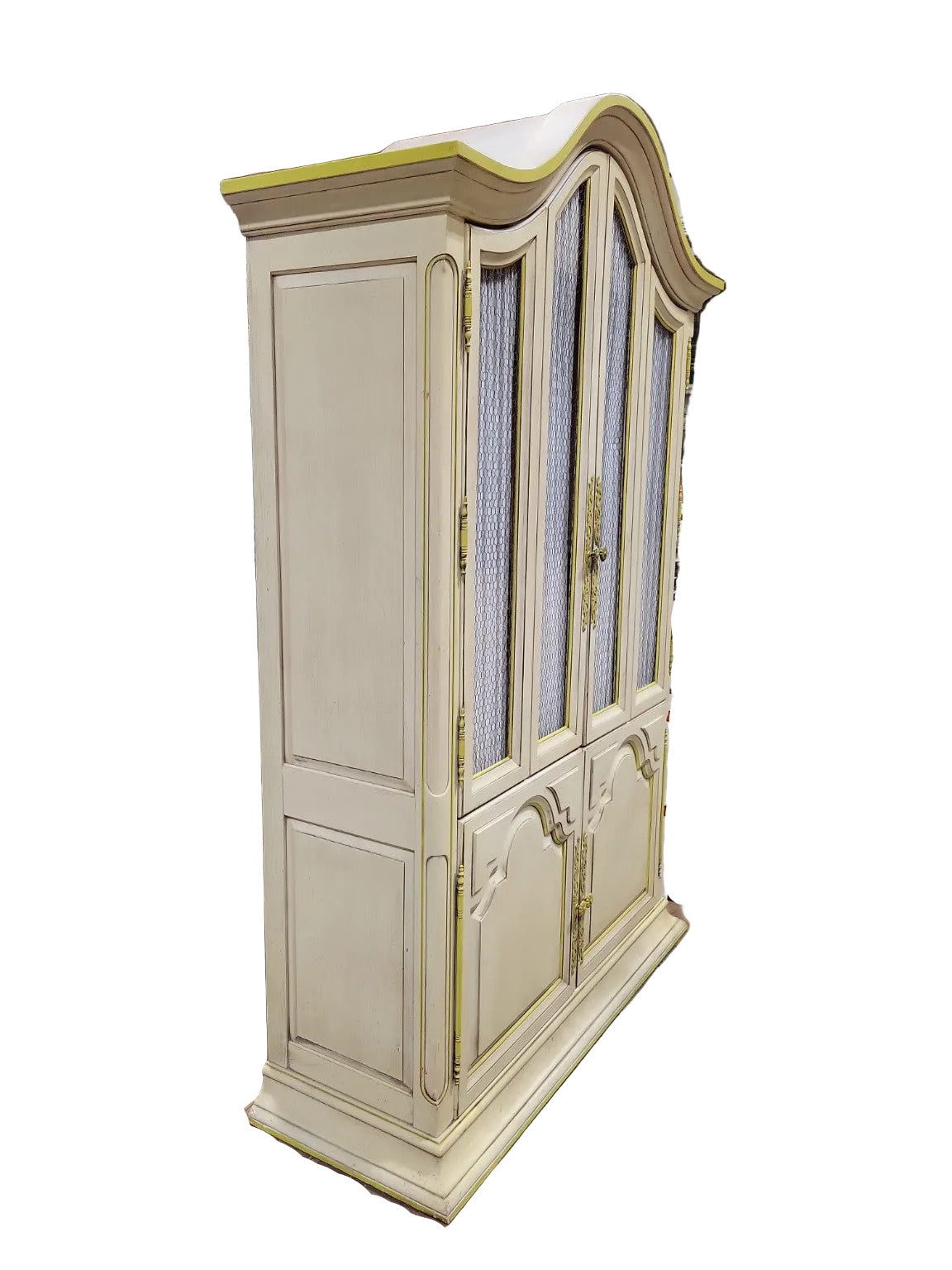 Vintage Armoire Bar Cabinet by Youngsville Star – Distressed White with Yellow Trim