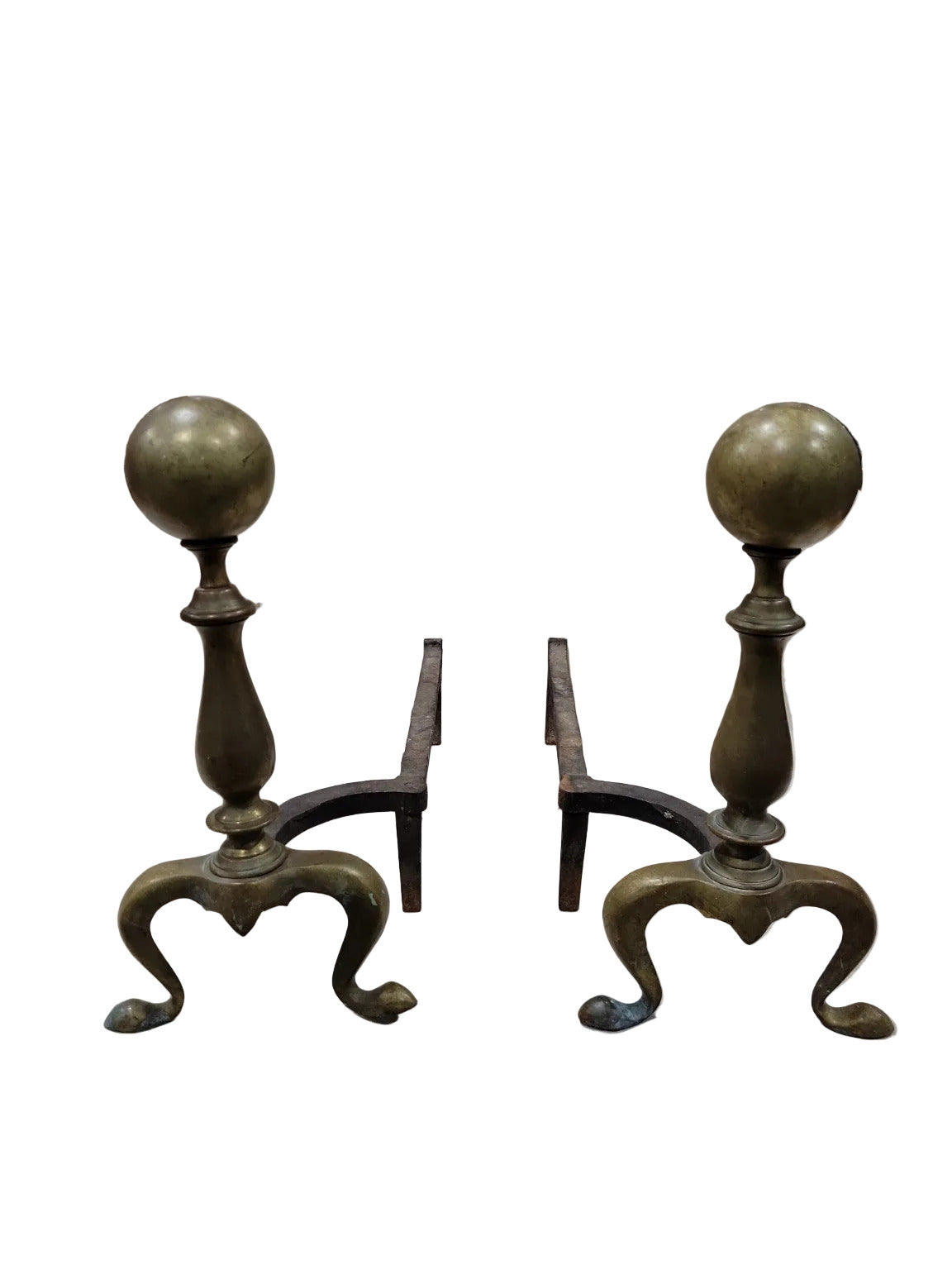 Antique Brass Ball-Top Andirons with Cabriole Legs – 18th Century Style