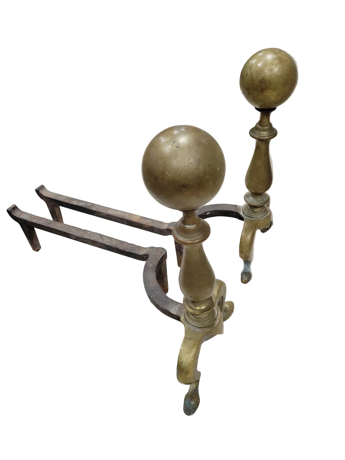 Antique Brass Ball-Top Andirons with Cabriole Legs – 18th Century Style