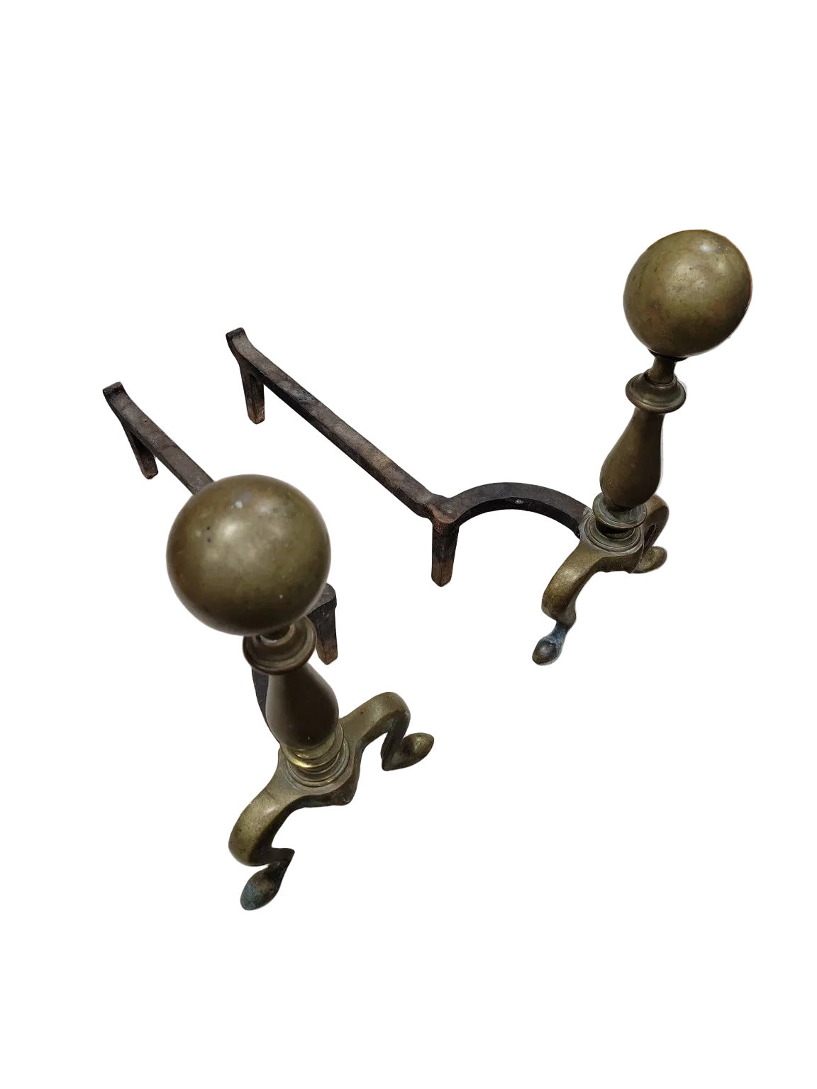 Antique Brass Ball-Top Andirons with Cabriole Legs – 18th Century Style
