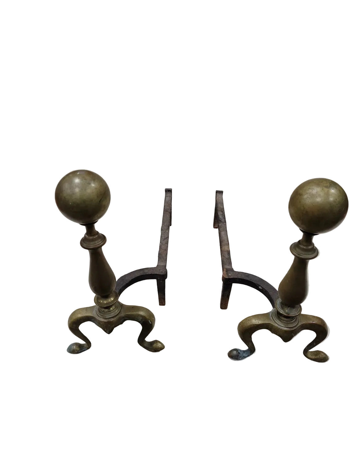 Antique Brass Ball-Top Andirons with Cabriole Legs – 18th Century Style